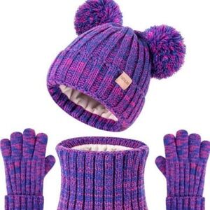 Beanie Pom Pom winger hat scarf and gloves for kids multicolor and black